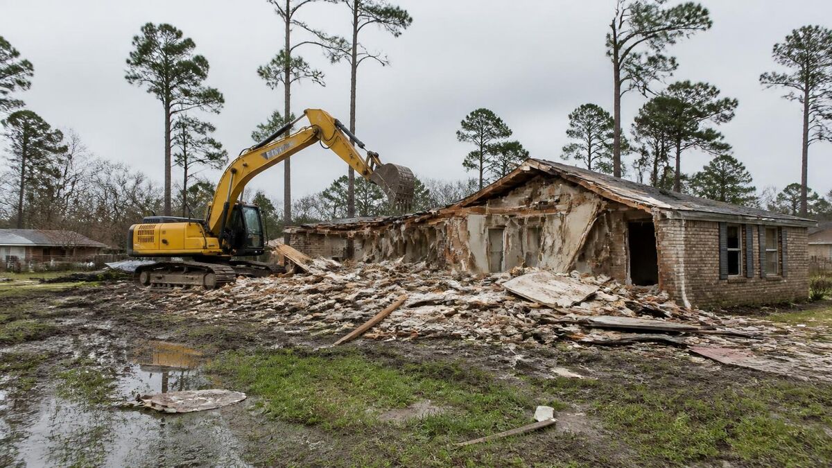 An excavator tearing down a flood-damaged single-story brick house among tall pine trees